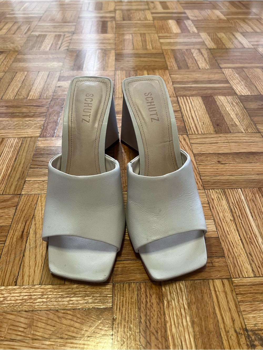 SCHUTZ White Leather Square-Toe Slide Mules